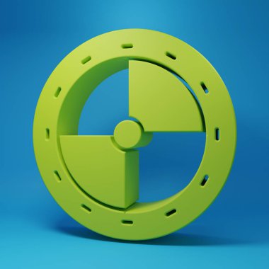 Mavi arka planda yeşil yuvarlak ahşap kalkan simgesi izole edildi. Güvenlik, güvenlik, koruma, mahremiyet, koruma kavramı. Minimalizm kavramı. 3 Boyutlu resimleme.