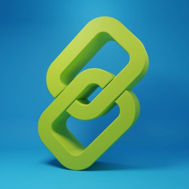 Yeşil zincir bağlantı simgesi mavi arkaplanda izole edildi. Bağlantı bekar. Hiper bağlantı zinciri sembolü. Minimalizm kavramı. 3 Boyutlu resimleme.