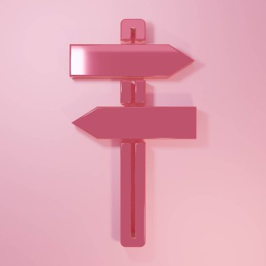 Pembe yol trafik levhası. Pembe arkaplanda izole edilmiş işaret simgesi. İşaretçi sembolü. Sokak bilgi tabelası. Yön tabelası. Minimalizm kavramı. 3 Boyutlu resimleme.
