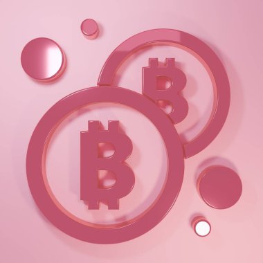 Pink Cryptocurrency coin Bitcoin icon isolated on pink background. Physical bit coin. Blockchain based secure crypto currency. Minimalism concept. 3D render illustration.