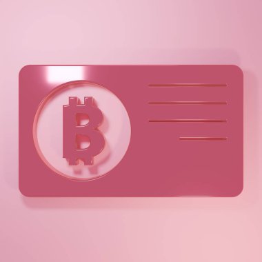 Pembe arka planda bitcoin simgesi olan pembe kredi kartı. Çevrimiçi ödeme. Nakit çekilmesi. Modern ödeme yöntemi. Minimalizm kavramı. 3 Boyutlu resimleme.