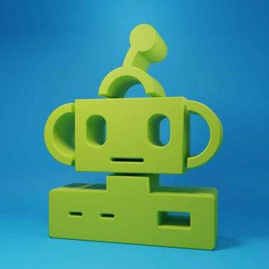 Green Robot toy icon isolated on blue background. Minimalism concept. 3D render illustration.