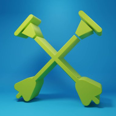 Mavi arka planda enayi ucu simgesi olan Green Arrow izole edildi. Minimalizm kavramı. 3 Boyutlu resimleme.