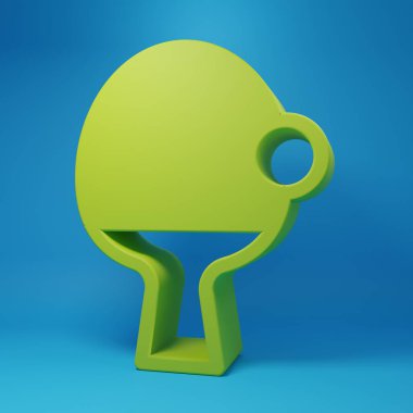 Masa tenisi ikonunu oynamak için yeşil raket mavi arka planda izole edilmiş. Minimalizm kavramı. 3 Boyutlu resimleme.
