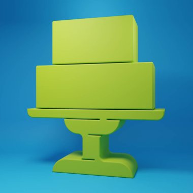 Mavi arkaplanda izole edilmiş yeşil düğün pastası ikonu. Minimalizm kavramı. 3 Boyutlu resimleme.