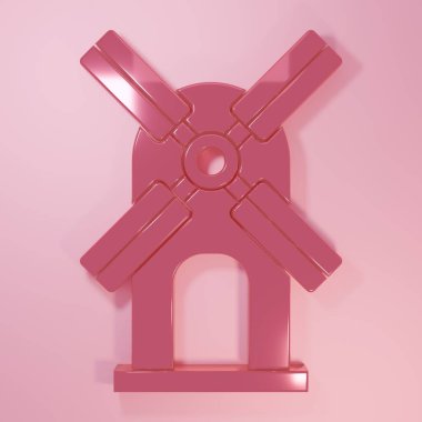 Pembe Rüzgar türbini ikonu pembe arka planda izole edilmiş. Rüzgar jeneratörü işareti. Elektrik üretimi için yel değirmeni. Minimalizm kavramı. 3 Boyutlu resimleme.