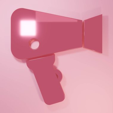 Pembe saç kurutma makinesi ikonu pembe arka planda izole edilmiş. Saç kurutma makinesi tabelası. Saç kurutma sembolü. Sıcak hava üflüyor. Minimalizm kavramı. 3 Boyutlu resimleme.