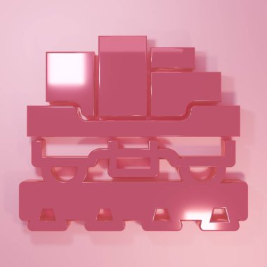 Pink Cargo train wagon icon isolated on pink background. Full freight car. Railroad transportation. Minimalism concept. 3D render illustration.