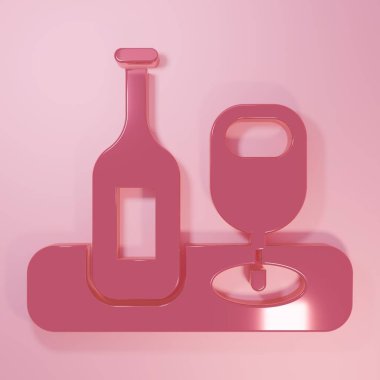 Pembe arka planda cam ikonu olan pembe şarap şişesi. Minimalizm kavramı. 3 Boyutlu resimleme.