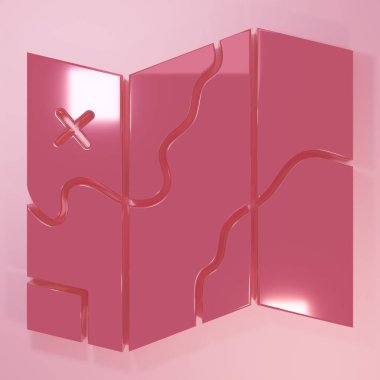 Pembe katlanmış harita simgesi pembe arkaplanda izole edilmiş. Minimalizm kavramı. 3 Boyutlu resimleme.