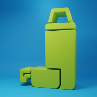 Green Thermos container icon isolated on blue background. Thermo flask icon. Camping and hiking equipment. Minimalism concept. 3D render illustration.