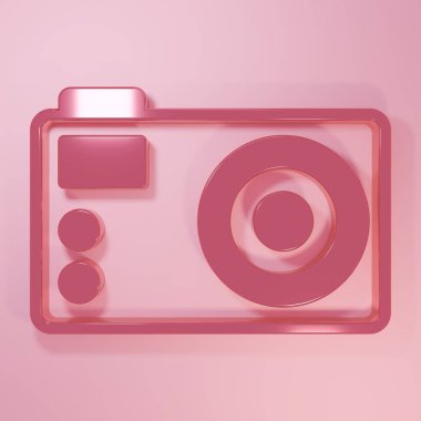 Pembe fotoğraf makinesi simgesi pembe arkaplanda izole edilmiş. Foto kamera. Dijital fotoğrafçılık. Minimalizm kavramı. 3 Boyutlu resimleme.