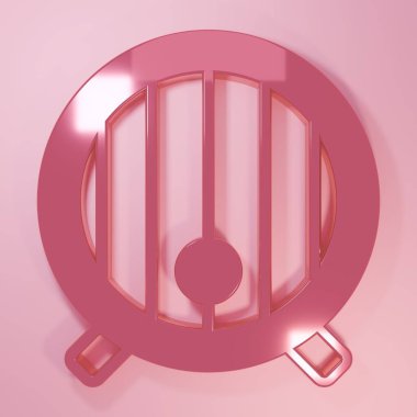 Pembe tahta varil ikonu pembe arka planda izole edilmiş. Alkol fıçısı, içki kabı, bira için tahta fıçı, viski, şarap. Minimalizm kavramı. 3 Boyutlu resimleme.