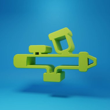 Mavi arka planda izole edilmiş yeşil boya sprey tabancası ikonu. Minimalizm kavramı. 3 Boyutlu resimleme.