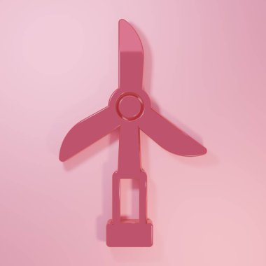 Pembe Rüzgar türbini ikonu pembe arka planda izole edilmiş. Rüzgar jeneratörü işareti. Elektrik üretimi için yel değirmeni. Minimalizm kavramı. 3 Boyutlu resimleme.
