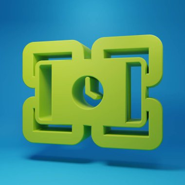 Yeşil Patlayıcı bomba çubuğu ve zamanlayıcı ikonu mavi arka planda izole edildi. Saatli bomba - patlama tehlikesi kavramı. Minimalizm kavramı. 3 Boyutlu resimleme.