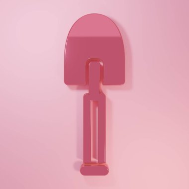 Pembe kürek simgesi pembe arkaplanda izole edilmiş. Bahçe aletleri. Bahçecilik, tarım, çiftçilik aleti. Minimalizm kavramı. 3 Boyutlu resimleme.