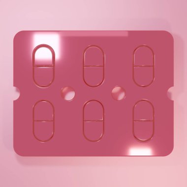 Pembe haplar pembe arka planda izole edilmiş su toplayıcı ikonunda. İlaç paketi. Tablet, vitamin, antibiyotik, aspirin. Minimalizm kavramı. 3 Boyutlu resimleme.