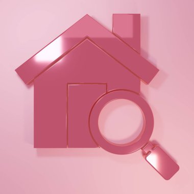 Pink Search house icon isolated on pink background. Real estate symbol of a house under magnifying glass. Minimalism concept. 3D render illustration.