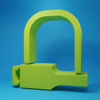 Green Bicycle lock U shaped industrial icon isolated on blue background. Minimalism concept. 3D render illustration.