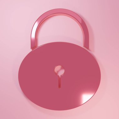Pembe Kilit simgesi pembe arkaplanda izole edildi. Asma kilit işareti. Güvenlik, güvenlik, koruma, gizlilik kavramı. Minimalizm kavramı. 3 Boyutlu resimleme.