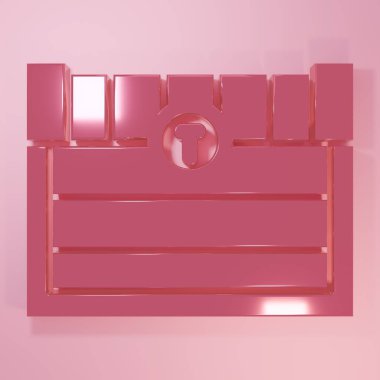 Pembe Antika hazine sandığı simgesi pembe arka planda izole edilmiş. Altın sikkeli klasik tahta sandık. Minimalizm kavramı. 3 Boyutlu resimleme.