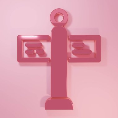 Pembe yol trafik levhası. Pembe arkaplanda izole edilmiş işaret simgesi. İşaretçi sembolü. Sokak bilgi tabelası. Yön tabelası. Minimalizm kavramı. 3 Boyutlu resimleme.