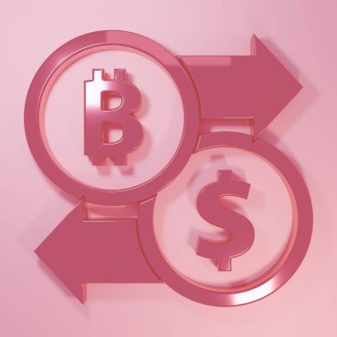 Pink Cryptocurrency exchange icon isolated on pink background. Bitcoin to dollar exchange icon. Cryptocurrency technology, mobile banking. Minimalism concept. 3D render illustration.