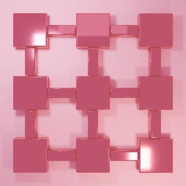 Pembe engelleme teknolojisi ikonu pembe arka planda izole edildi. Kripto para birimi verileri. Soyut geometrik blok zincir ağ teknolojisi işi. Minimalizm kavramı. 3 Boyutlu resimleme.