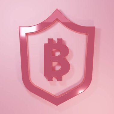 Pembe arka planda bitcoin simgesi olan Pembe Kalkan. Kripto para madenciliği, engelleme teknolojisi, güvenlik, koruma, dijital para. Minimalizm kavramı. 3 Boyutlu resimleme.