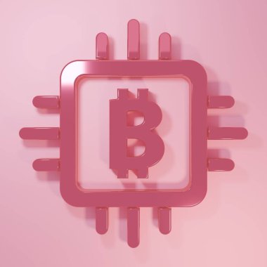 Pink CPU mining farm icon isolated on pink background. Bitcoin sign inside processor. Cryptocurrency mining community. Digital money. Minimalism concept. 3D render illustration.