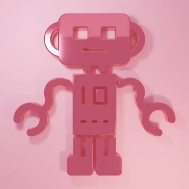 Pembe Robot oyuncak ikonu pembe arka planda izole edilmiş. Minimalizm kavramı. 3 Boyutlu resimleme.