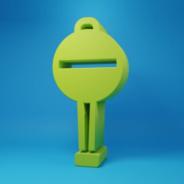 Green Rattle baby toy icon isolated on blue background. Beanbag sign. Minimalism concept. 3D render illustration.