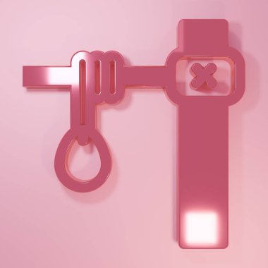 Pink Gallows rope loop hanging icon isolated on pink background. Rope tied into noose. Suicide, hanging or lynching. Minimalism concept. 3D render illustration.