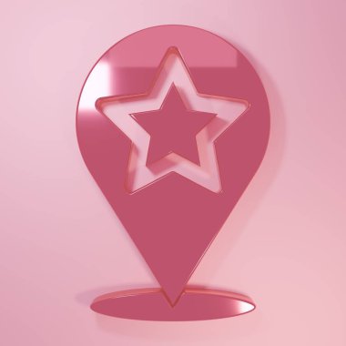 Pembe arkaplanda yıldız simgesi olan pembe harita işaretçisi. Yıldız favori iğne haritası simgesi. Harita işaretleyicileri. Minimalizm kavramı. 3 Boyutlu resimleme.
