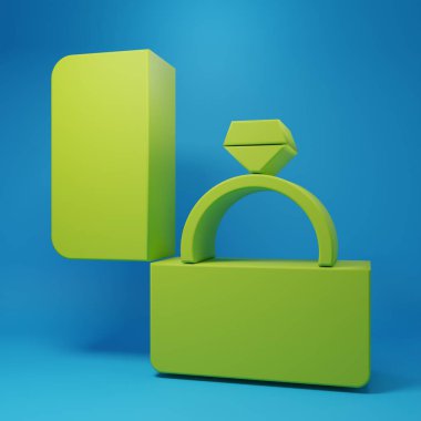 Green Diamond engagement ring icon isolated on blue background. Minimalism concept. 3D render illustration.
