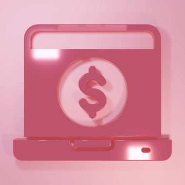 Pink Laptop with dollar icon isolated on pink background. Sending money around the world, money transfer, online banking, financial transaction. Minimalism concept. 3D render illustration.