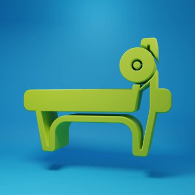 Green Bench with barbel icon isolated on blue background. Gym equipment. Bodybuilding, powerlifting, fitness concept. Minimalism concept. 3D render illustration.