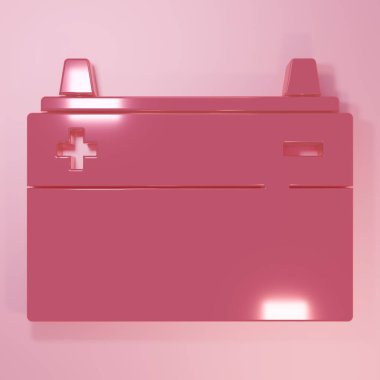 Pembe araba akü ikonu pembe arka planda izole edilmiş. Akümülatör bataryası enerji ve elektrik akümülatörü bataryası. Minimalizm kavramı. 3 Boyutlu resimleme.