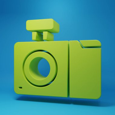 Green Photo camera icon isolated on blue background. Foto camera icon. Minimalism concept. 3D render illustration.