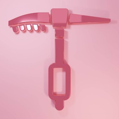 Pink Ice axe icon isolated on pink background. Montain climbing equipment. Minimalism concept. 3D render illustration.