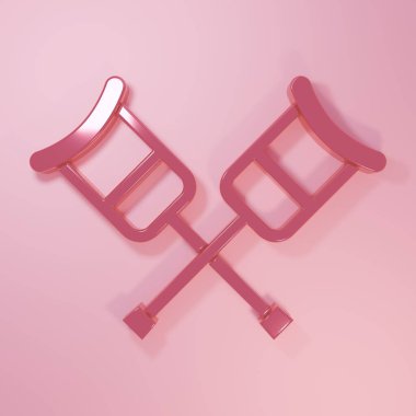 Pink Crutch or crutches icon isolated on pink background. Equipment for rehabilitation of people with diseases of musculoskeletal system. Minimalism concept. 3D render illustration.