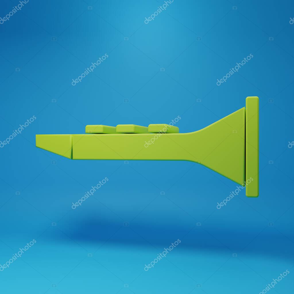 Green Clarinet icon isolated on blue background. Musical instrument. Minimalism concept. 3D render illustration.