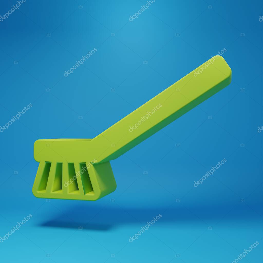 Green Brush for cleaning icon isolated on blue background. Cleaning service concept. Minimalism concept. 3D render illustration.