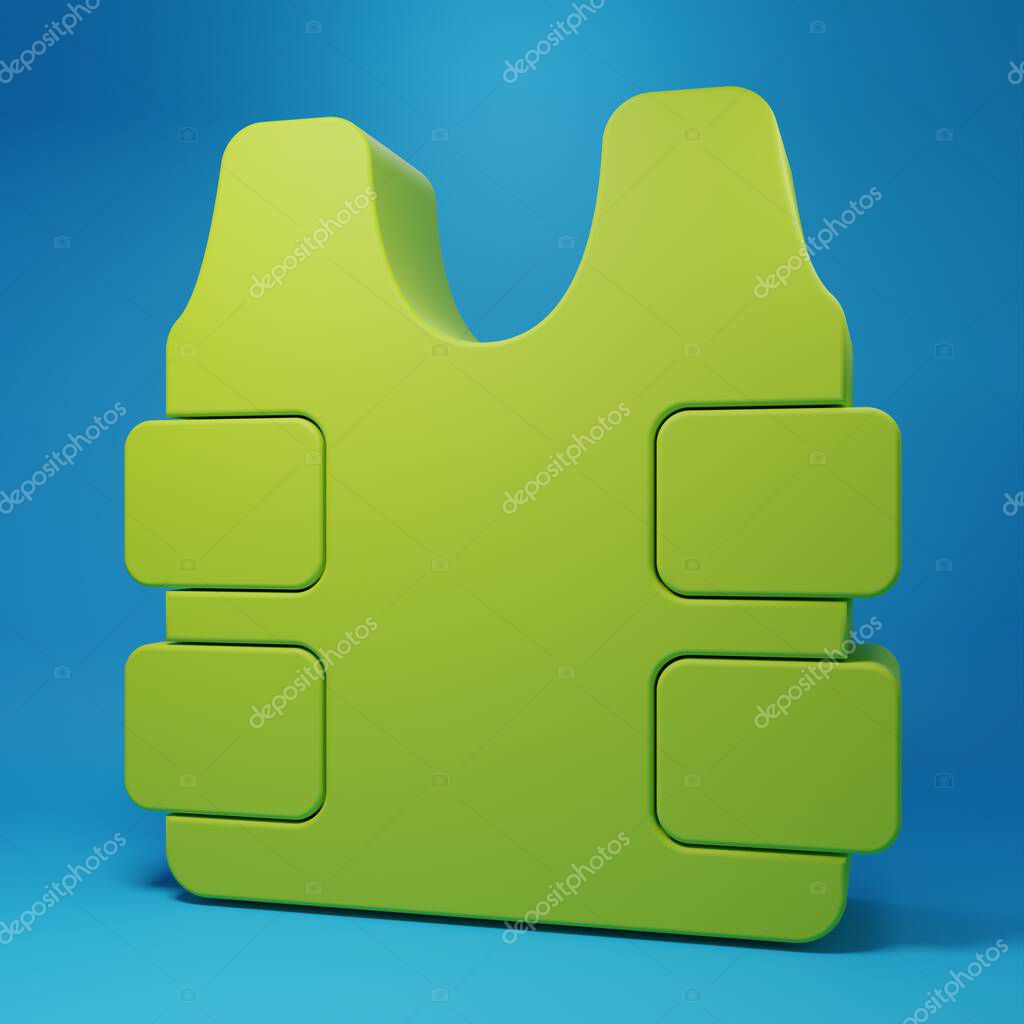 Green Bulletproof vest for protection from bullets icon isolated on blue background. Body armor sign. Military clothing. Minimalism concept. 3D render illustration.