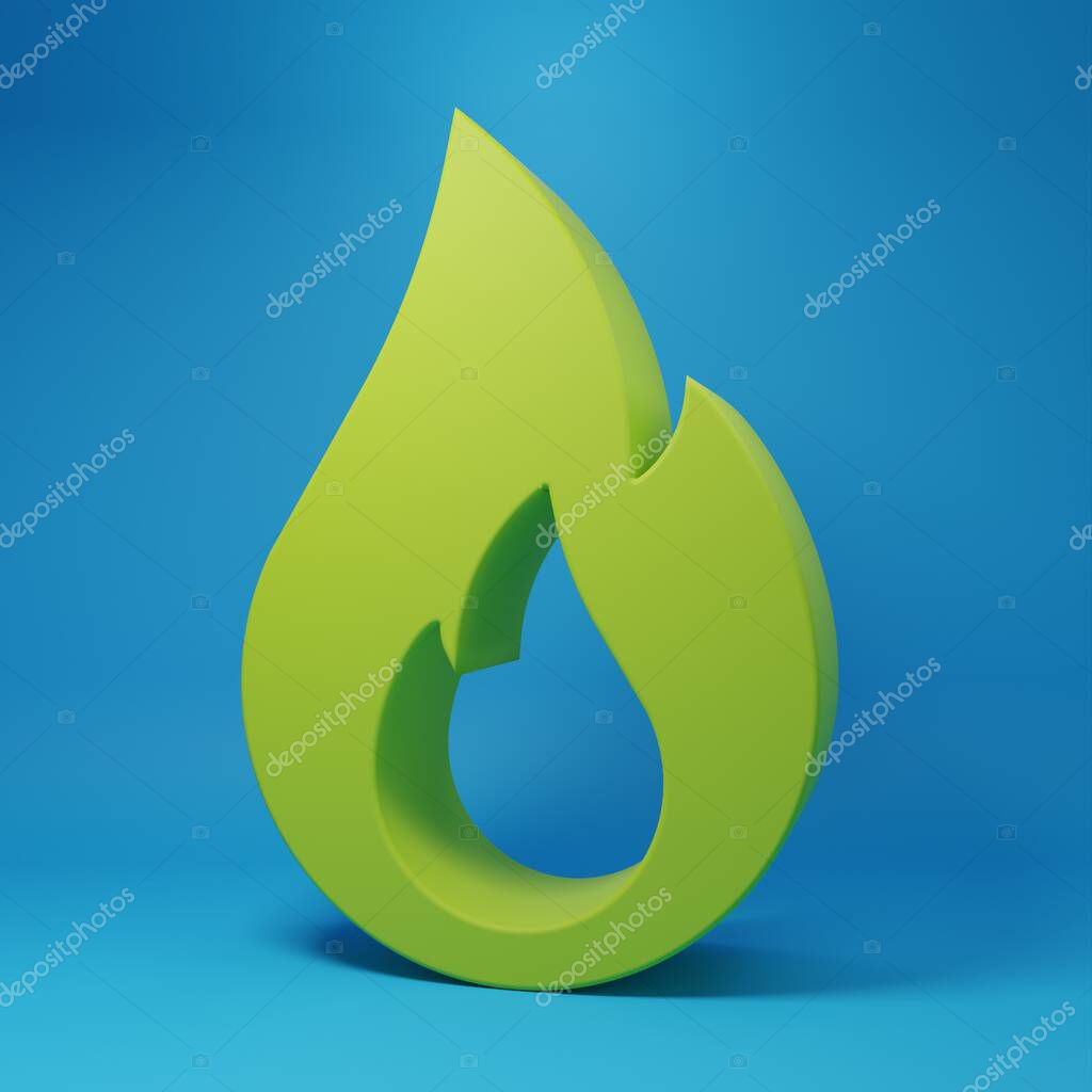 Green Fire flame icon isolated on blue background. Minimalism concept. 3D render illustration.