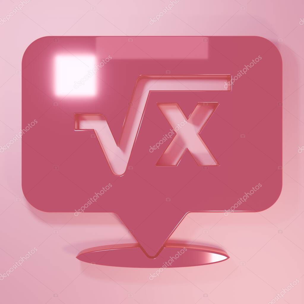 Pink Square root of x glyph icon isolated on pink background. Mathematical expression. Minimalism concept. 3D render illustration.