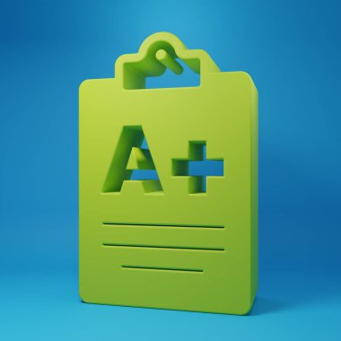 Mavi arka planda A artı not simgesine sahip Yeşil Sınav kağıdı. Sınav kağıdı, sınav ya da araştırma konsepti. Sınav ya da sınav. Minimalizm kavramı. 3 Boyutlu resimleme.