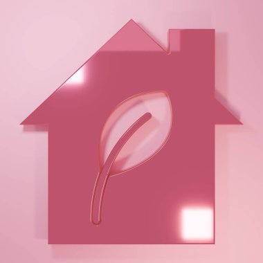 Pembe çevre dostu ev simgesi pembe arka planda izole edilmiş. Yapraklı eko ev. Minimalizm kavramı. 3 Boyutlu resimleme.