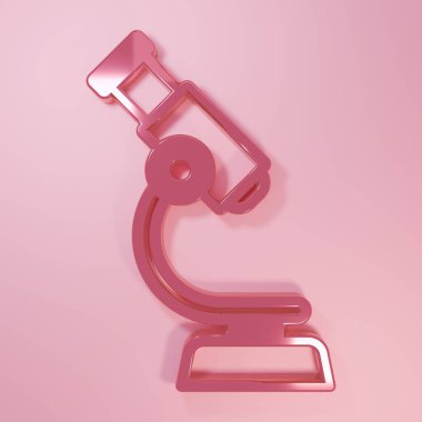 Pembe mikroskop simgesi pembe arka planda izole edilmiş. Kimya, ilaç aleti, mikrobiyoloji büyütme aracı. Minimalizm kavramı. 3 Boyutlu resimleme.